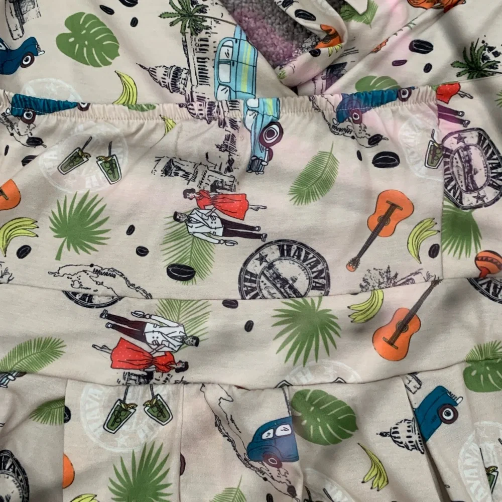 NWT Lindy Bop Cream romper babydoll halter tie back Tiki Print Dress elastic - Picture 4 of 11